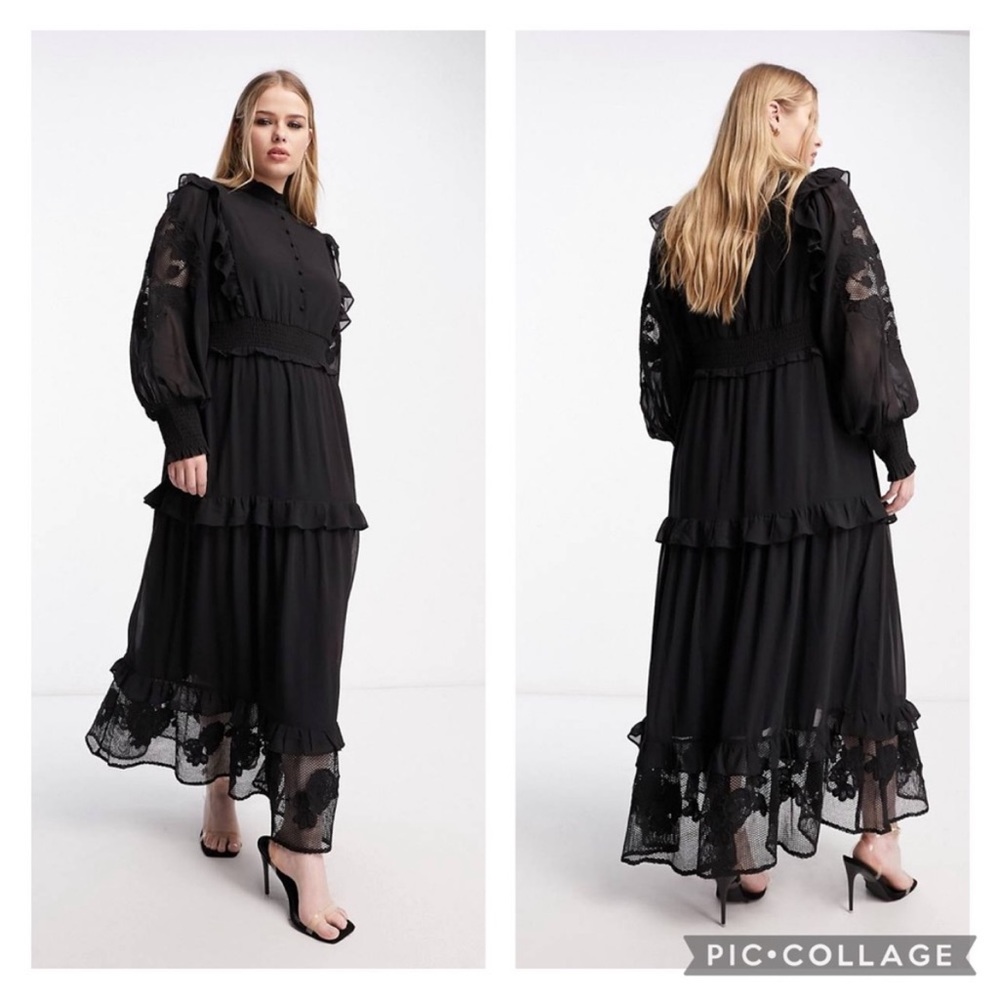 NEW ASOS Neutral Black Embroidered Mesh Long Sleeve Frill Tiered Maxi Dress 6